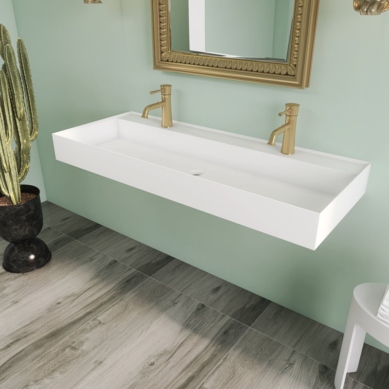 47''wall Mount Bathroom Sink Solid Surface Sink With Double Faucet Hole