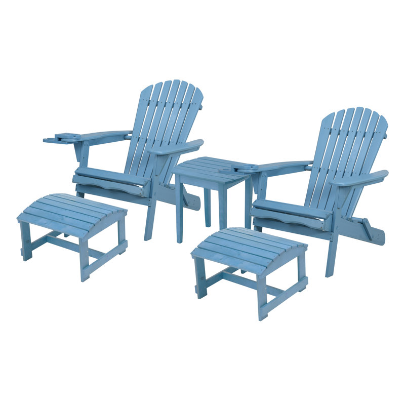 Foldable Adirondack Chair With Cup Holder Conversation Set, 2 Foldable Adirondack Chairs With Cup Holders With Ottoman And 1 End Table