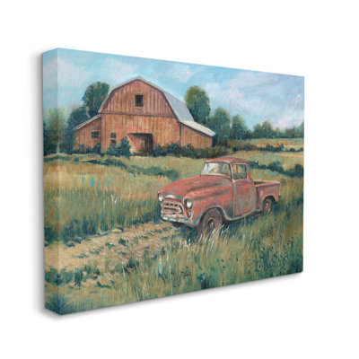 "Red Pickup Truck", "Barn Barn Farmland" par Tim Ottoole - peinture sur toile tendue