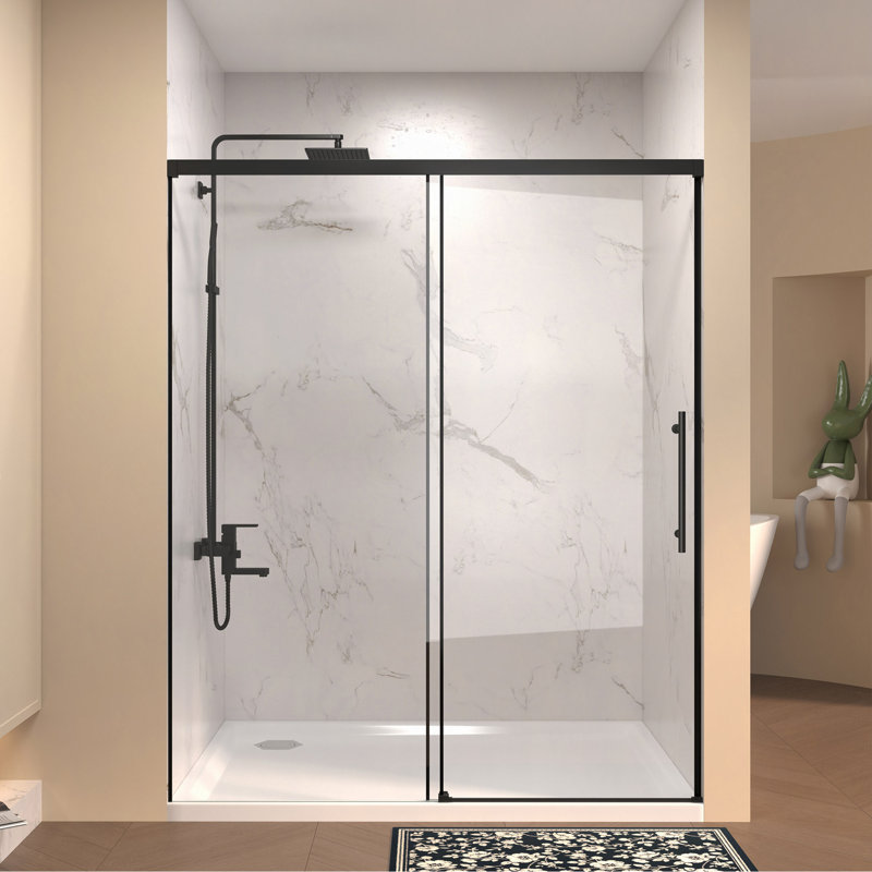 48" W × 72" H Single Sliding Shower Door,5Mm Fixed Glass And 6Mm Sliding Glass Frameless, Clear Tempered Glass, Stainless Steel Handle