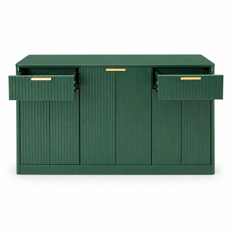 Buffet contemporain luxueux à panneaux cannelés et compartiments spacieux, aux angles arrondis, idéal pour la salle à manger, le salon, l'entrée ou l'espace de divertissement.