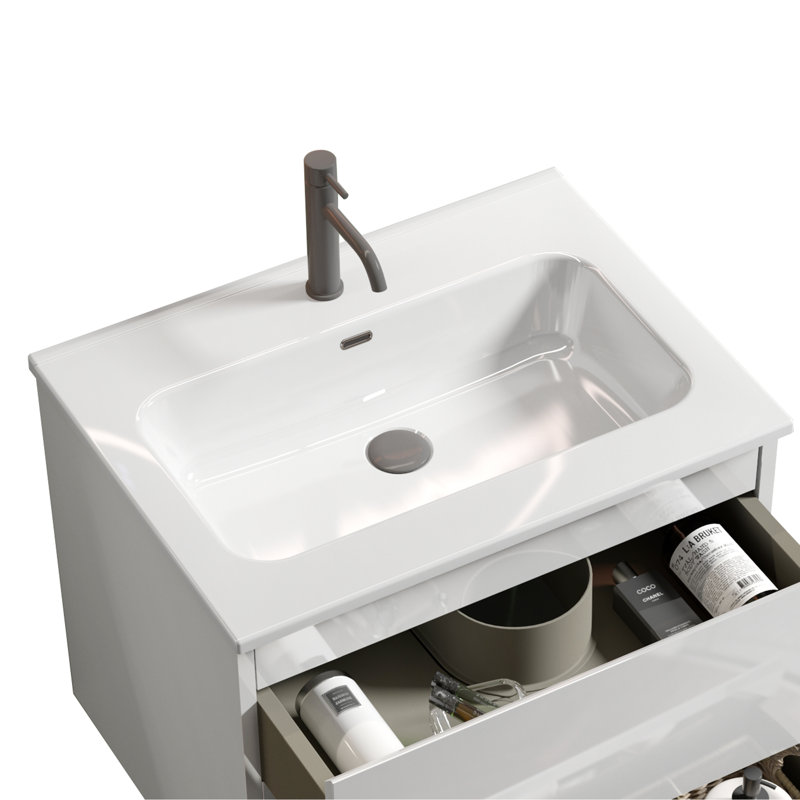 Integrated White Ceramic Basin With One Predrilled Faucet Hole, Drain Assembly NOT Included, Single Hole Faucet