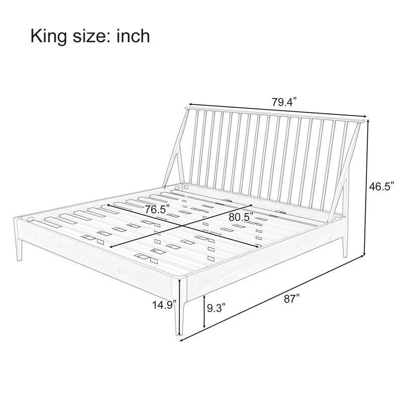 Spindle Platform King Bed With 46.5" Tall Headboard, Bohemian Bed Frame With Wooden Slats And Metal Support, Mid-Century Modern Style,No Box Spring Needed