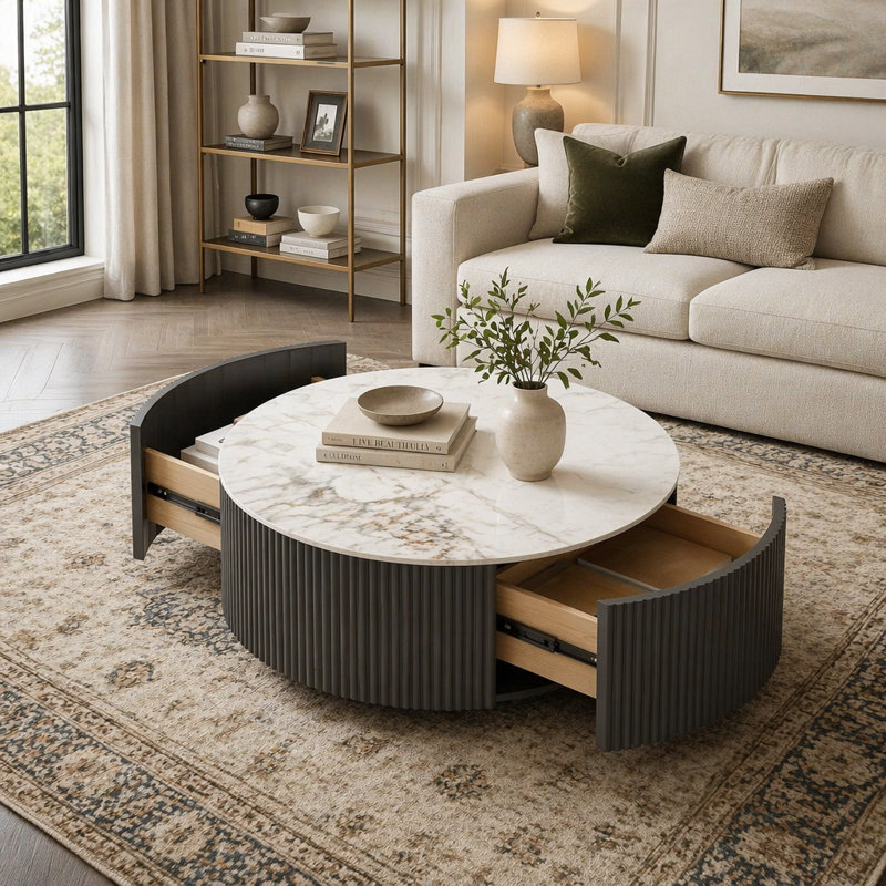 Table basse ronde avec 2 tiroirs et plateau en pierre frittée à motif marbré, Gris