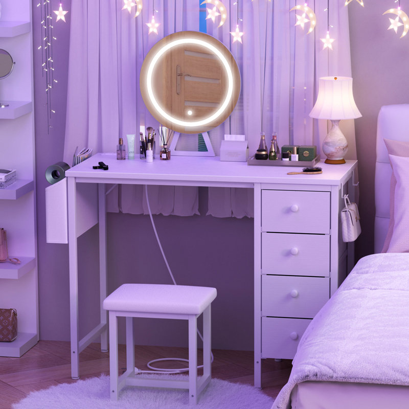 Built-In Outlets Makeup Desk With Mirror And Light- Vanity Set Table With Chair & Drawers, White