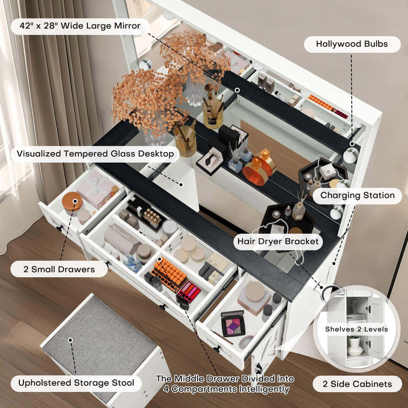 Tempered table top vanity, dimmable Led light mirror with hairdryer holder and built-in charging station, oversized mirror, including stool