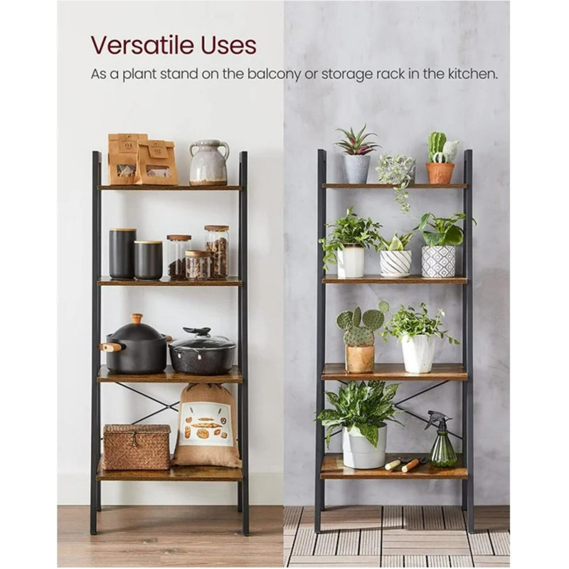4-Tier Ladder Shelf Wall Ladder Bookshelf Bookcase, Rustic Brown/Black