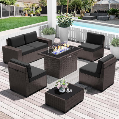  7 Pieces Outdoor Patio Furniture Set with 44" Fire Pit Table Rattan Sectional Sofa Conversation Sets