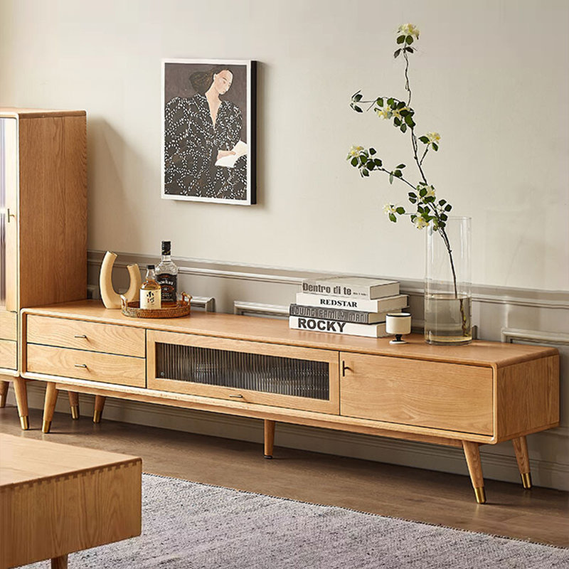 Meuble télé moderne et minimaliste en bois massif, H 17,7 po x L 78,7 po x l 13,8 po, Bois naturel