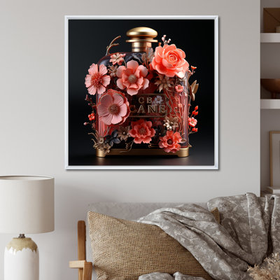 «Perfume Bottle With Pink Blossoming Flowers I», reproduction d'art sur toile