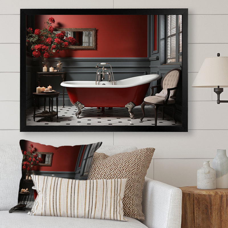" Red Modern Bathroom Charm III ", 12" H x 20" W x 1" D, Black Single Picture Framed