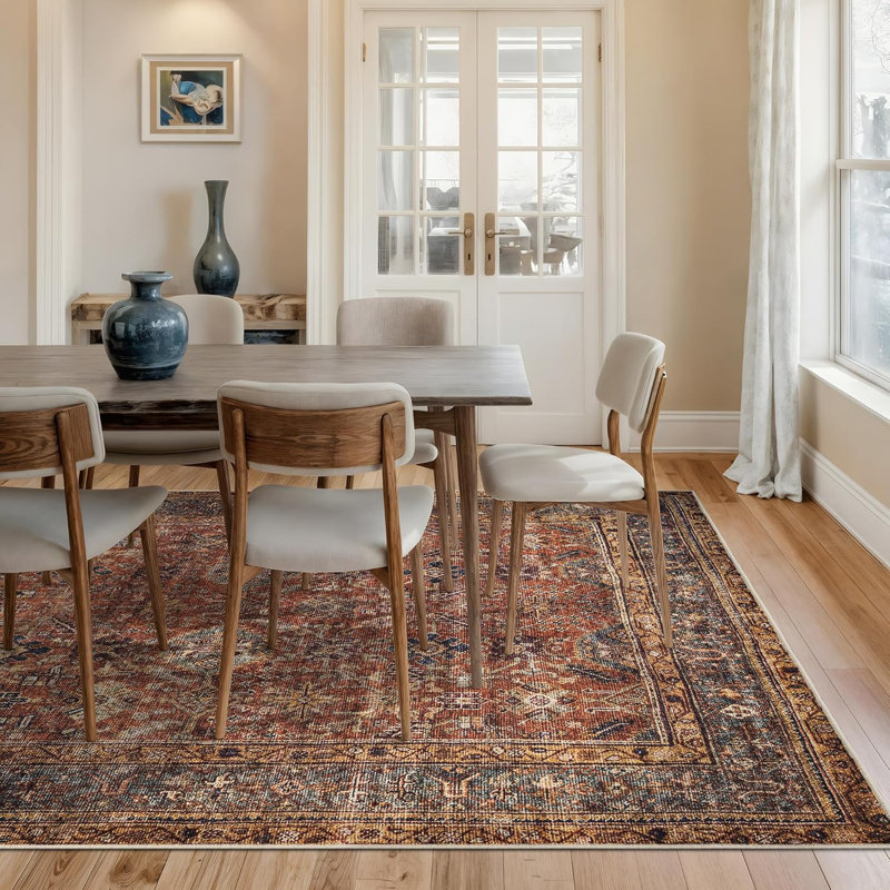 Machine Washable Non-Slip - Terracotta / Mustard Traditional Rug, Rectangle 9' x 12'