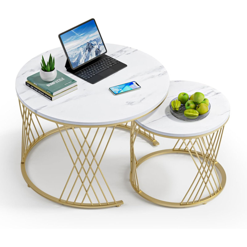 Round Coffee Table Set Of 2, Modern Coffee Tables For Living Room, Faux Marble Centre Table, Nesting Coffee Table Simple Nightstand
