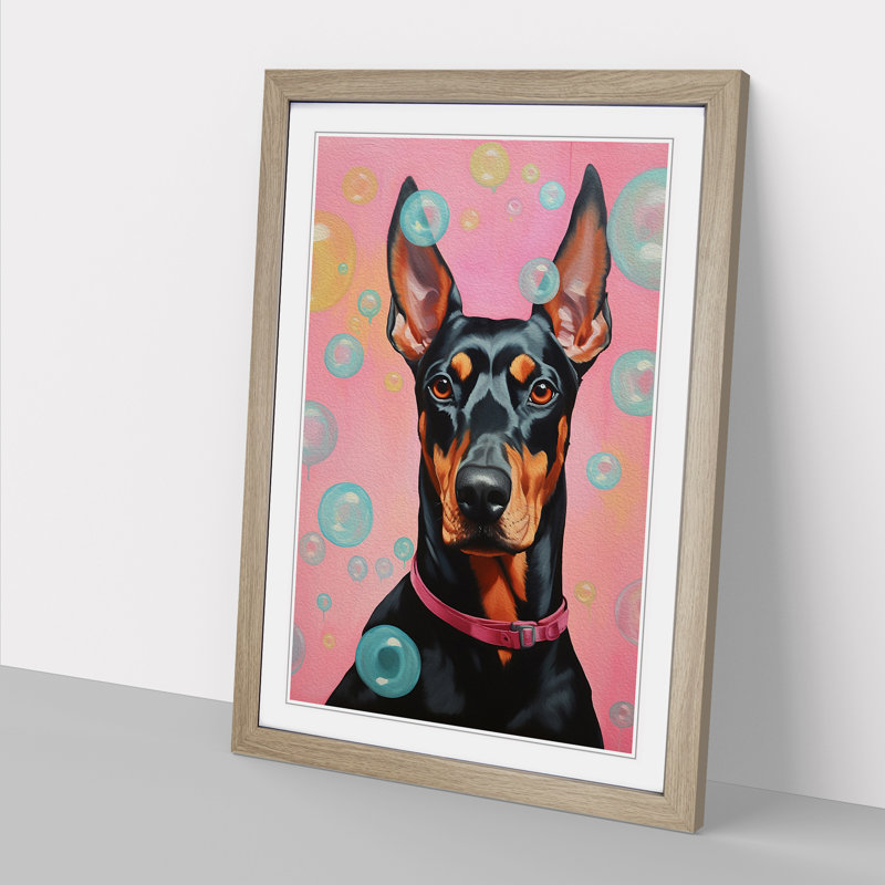 Doberman Bubble Gum Painting - Single Picture Frame Print on Wood, 46" H x 34" W x 2" D, Oak