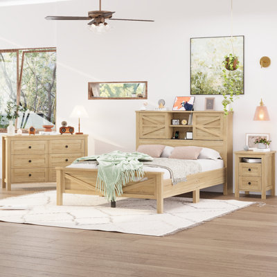 Ensemble de chambre à coucher 3 pièces avec lit plateforme pleine grandeur avec tête de lit double à porte coulissante et station de charge, table de chevet et commode, naturel