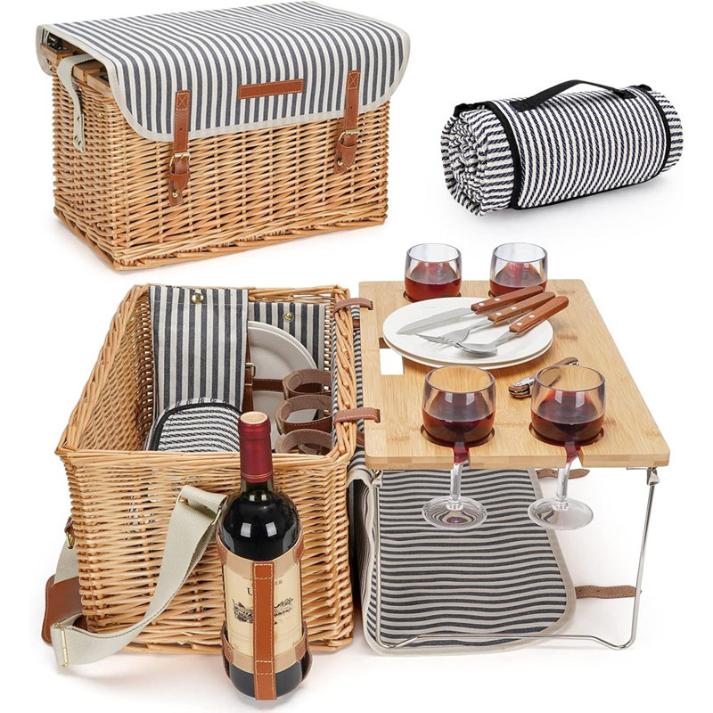 Ensemble de 4 paniers de pique-nique pour 4 personnes - Ensemble-cadeau panier de saule avec couverture et table à vin portative en bambou pour le camping et les fêtes en plein air