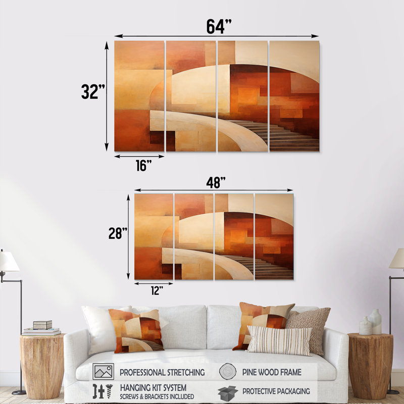 "Escalier vers l'autre côté", art mural abstrait sur toile, 4 pièces, H 32 po x l 64 po