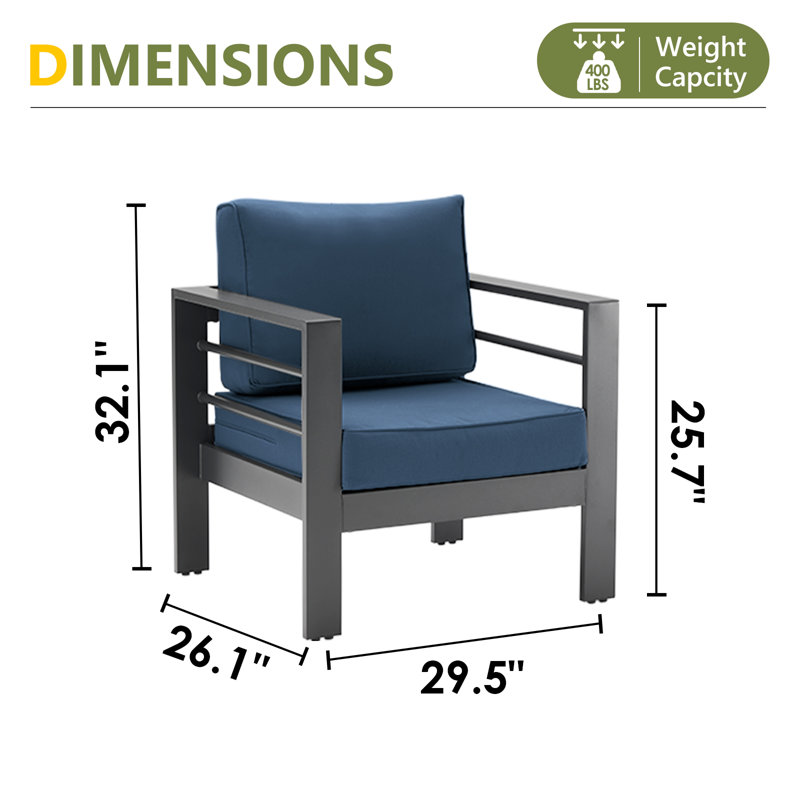 Bellewood 29.5" W Aluminum Patio Club Chairs, Gray Frame/Blue Cushion