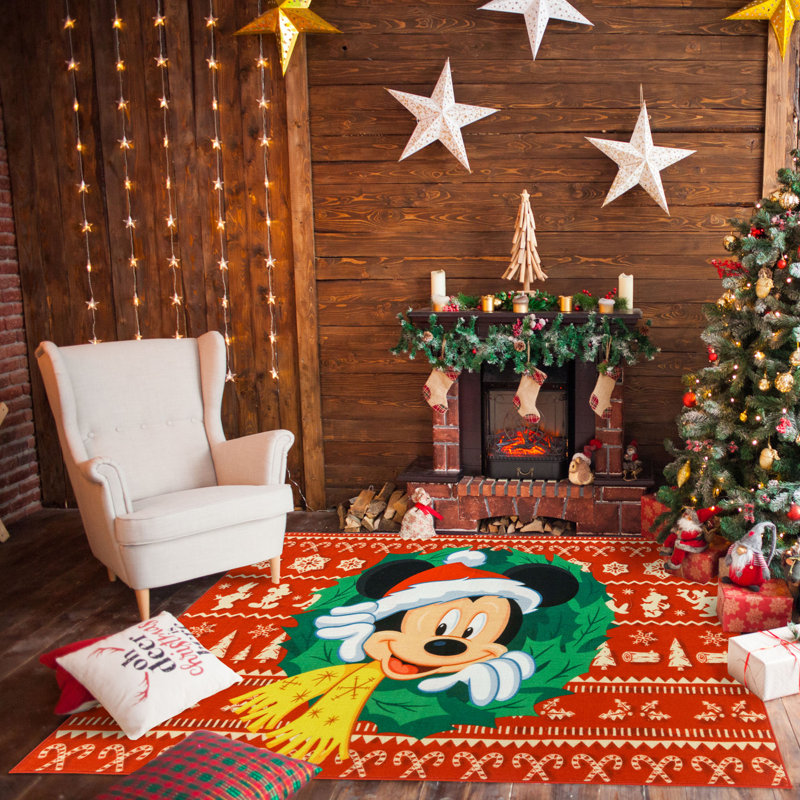 Licensed Disney Mickey Mouse Red Green Christmas Wreath Accent Non-Slip Area Rug