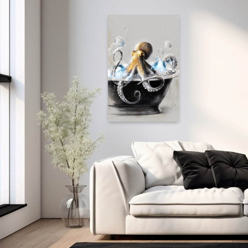 Octopus In Bathtube 4, art mural contemporain, H 36 po x l 24 po