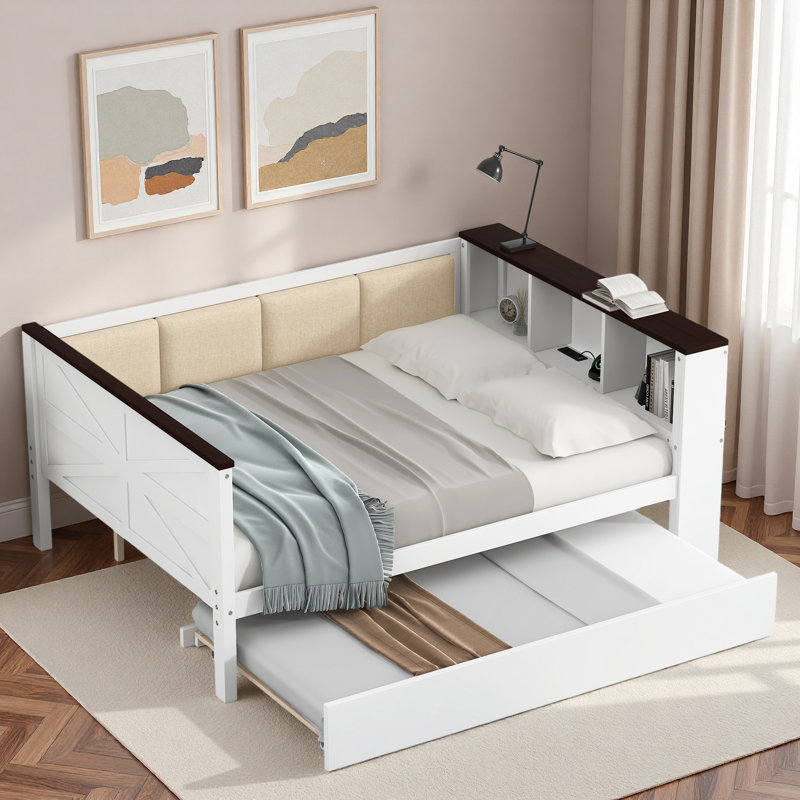 Wood Daybed With Storage Shelves, Upholstered Backrest And Usb, Full