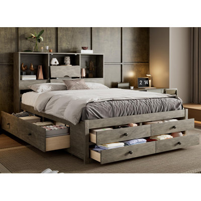Queen Size Platform Bed With Storage Headboard And Drawers