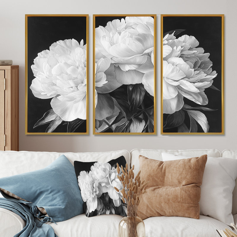 Pivoines en blanc et noir - Décoration murale pivoines - 3 pièces, Impression encadrée sans passe-partout, Doré