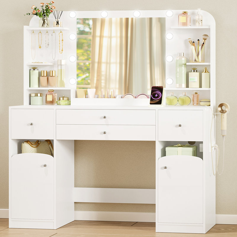 42.5" Large Vanity Desk，Dressing Table with Mirror and LED Light, Power Strip, 4 Drawers, 2 Open Storage Cabinets, and Jewelry Storage for Bedrooms, White