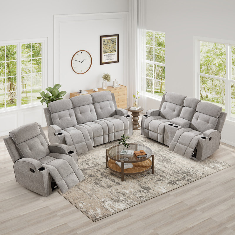 3-Piece Modern Manual Reclining Living Room Set With Overstuffed Recliner Chair, Loveseat With Storage Console And 3-Seat Sofa With Fixed Center