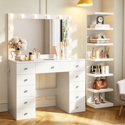 Meuble-lavabo lumineux avec 11 ampoules Hollywood, 11 tiroirs et 7 tablettes, coiffeuse de maquillage avec prise de courant, 3 modes de couleur, coiffeuse blanche