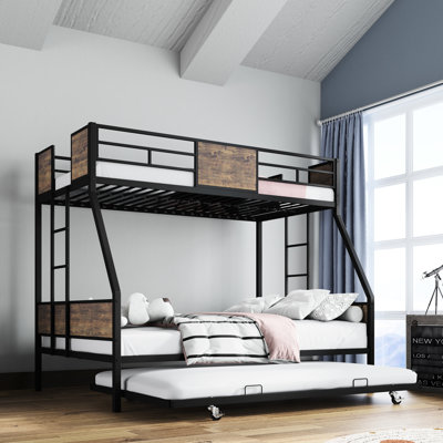 Lit superposé simple au-dessus d'un lit double en métal avec lit gigogne pour chambre à coucher, cadre, supports de panneau de protection, conception, garde-corps de longueur, sommeil confortable, lit gigogne à installation rapide, garde-corps à cadre, peu encombrant, sans boîte