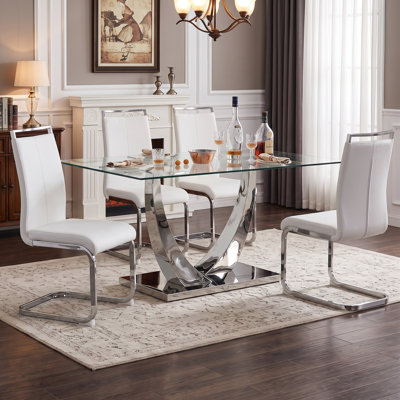 5-Piece Modern Rectangular Tempered Glass Dining Set with Metal Base and Faux Leather Cantilever Chairs