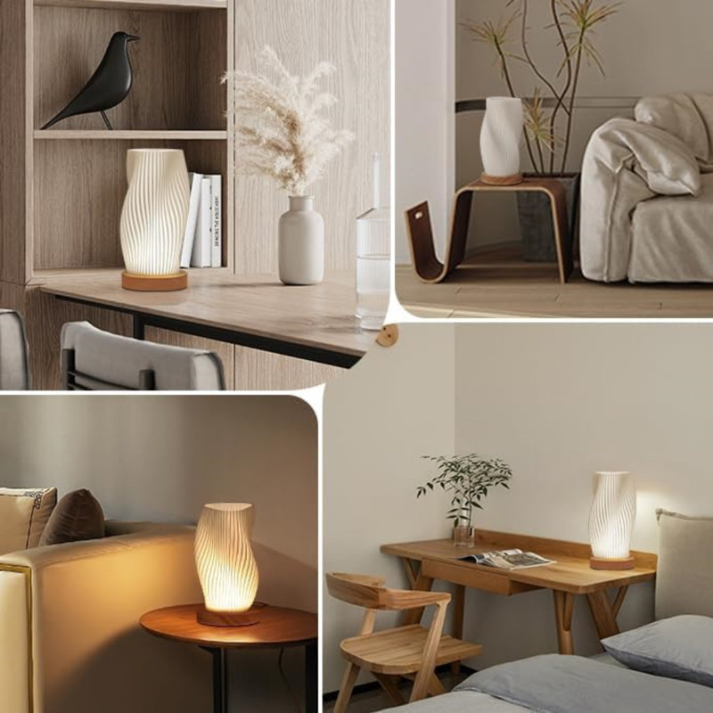 Dimmable Bedside Lamp With Wood Base And 3D Printed PLA Lampshade - Adjustable Lighting For Bedroom, Living Room, Office, And Dorm
