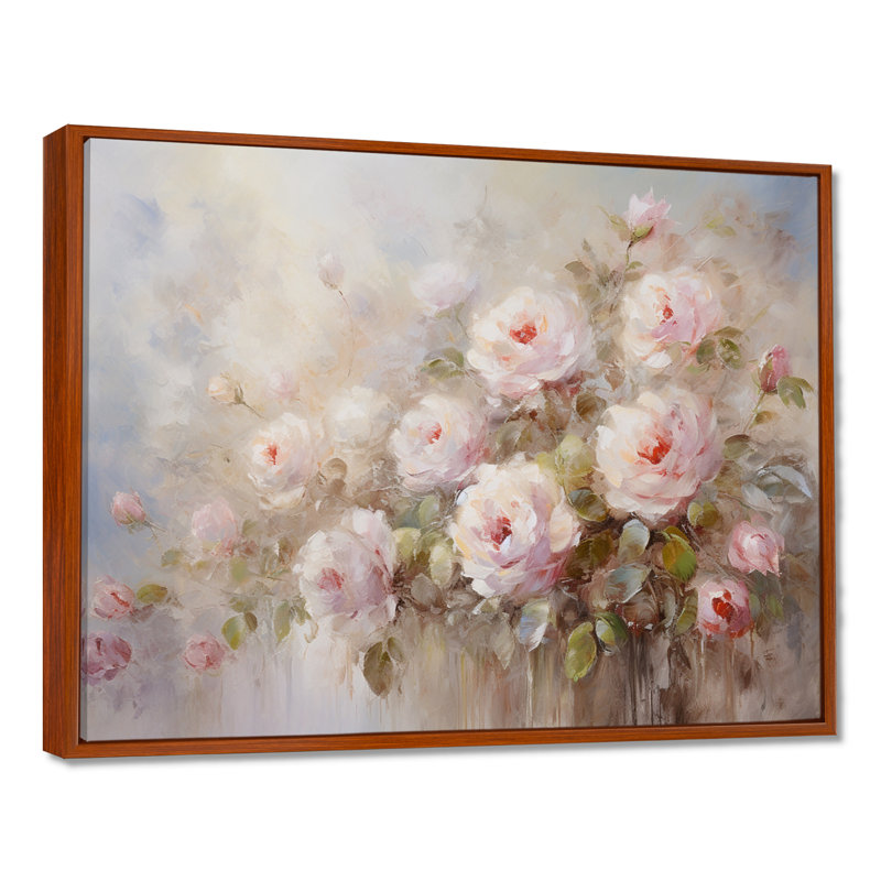 «Pink Roses Farmhouse Charm - Roses, art sur toile, H 24 po x l 32 po, Reproduction avec cadre flottant, Brun