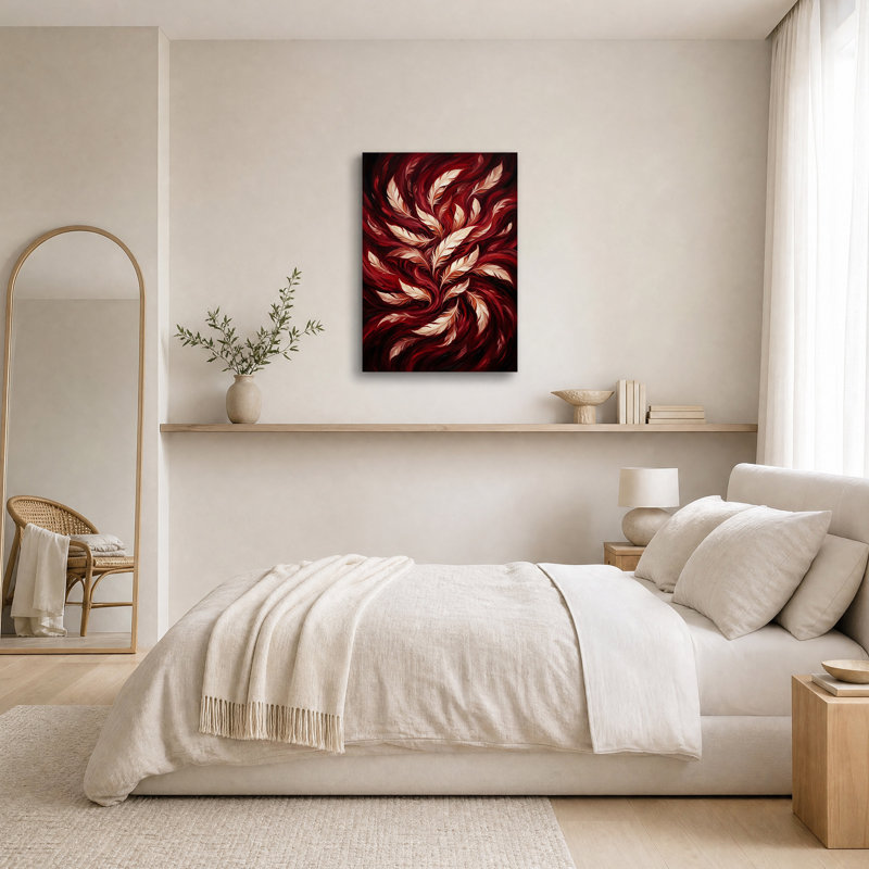 Plumes tourbillonnantes crème sur toile rouge foncé, H 36 po x l 24 po