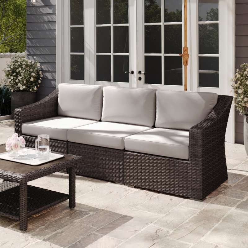 Martha Stewart Bedford Outdoor Modular Rattan Wicker Sofa With All-Weather Cushions, Tan, Brown