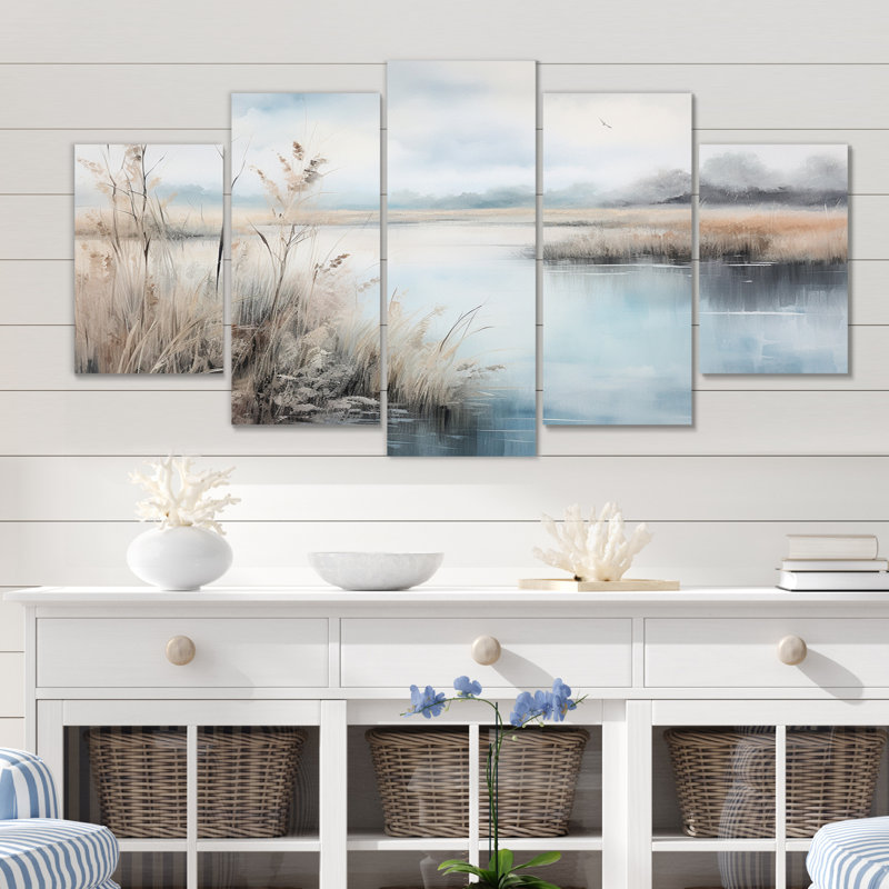 «Morning Autumn Mist Over The Lake II», reproduction d'art sur toile - 5 panneaux