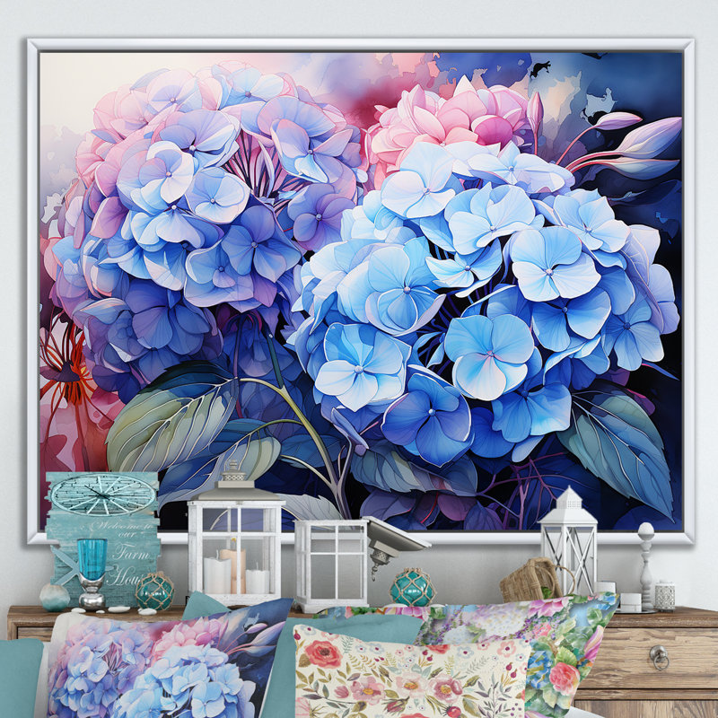 Hydrangées en fleurs mauves II sur toile, H 12 po x l 20 po x P 1 po, Cadre flottant blanc