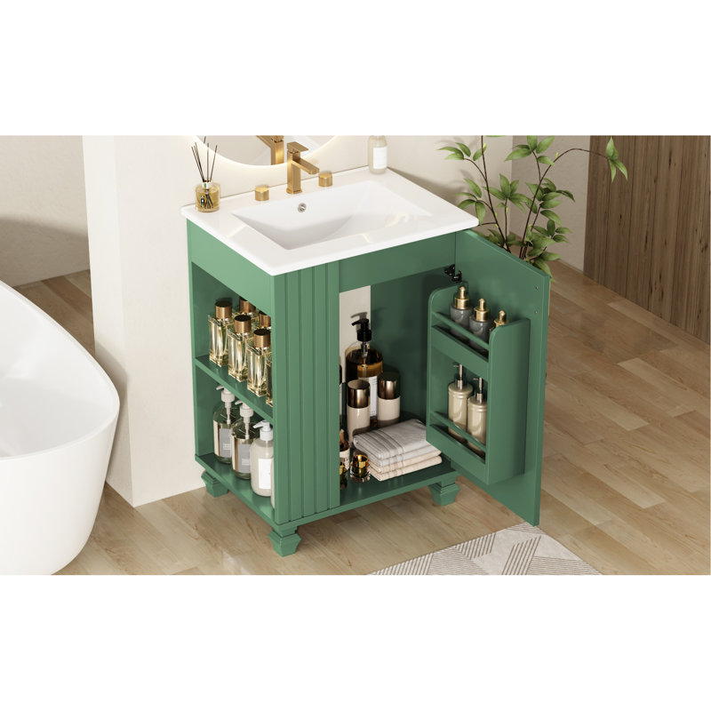 Meuble-lavabo de salle de bain rétro classique 24 po avec lavabo en céramique lisse, cadre en bois massif, rangement multifonctionnel, porte, couleur, conception autoportante, planches de montage et de livraison faciles, poignées en métal, sous le lavabo