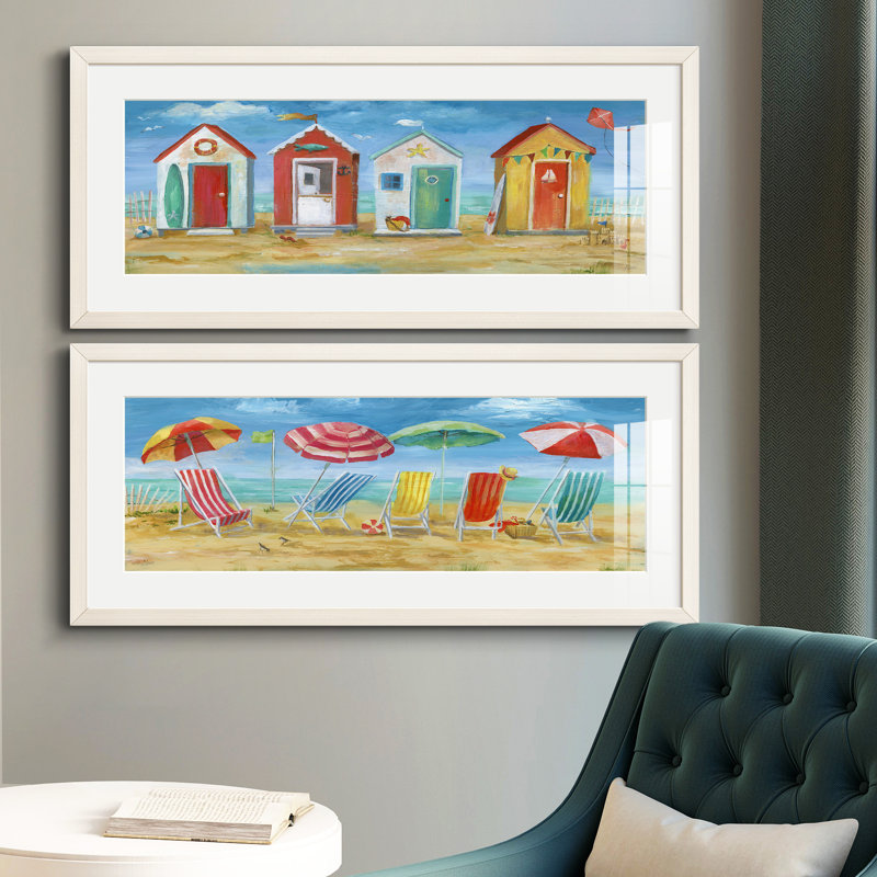 Bright Beach Huts - Ensemble de 2 reproductions d'art encadrées, Blanc
