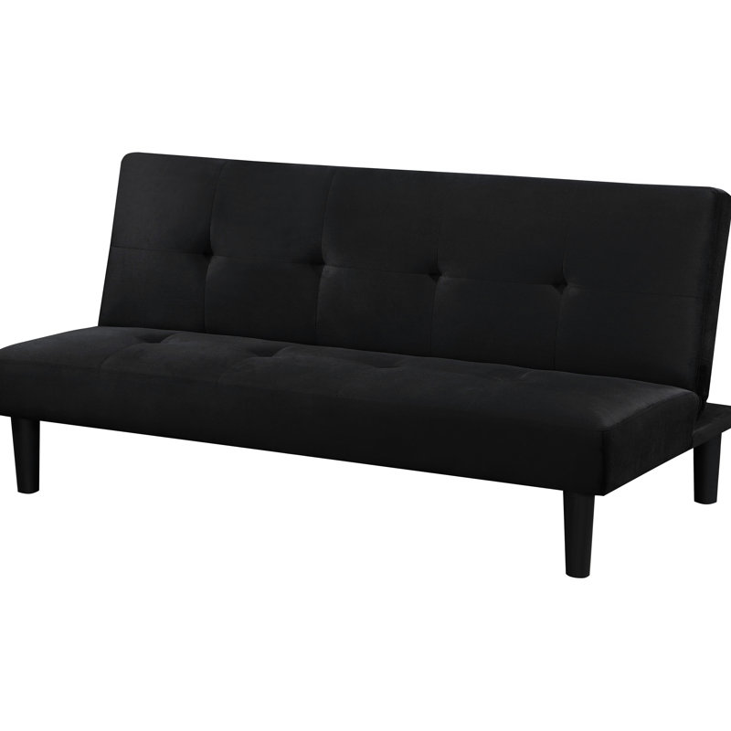 Lit convertible noir sans accoudoirs avec une texture de velours doux, un support de ressort et un confort pour une utilisation quotidienne dans les maisons compactes avec détails capitonnés en biscuit, espaces de vie performants