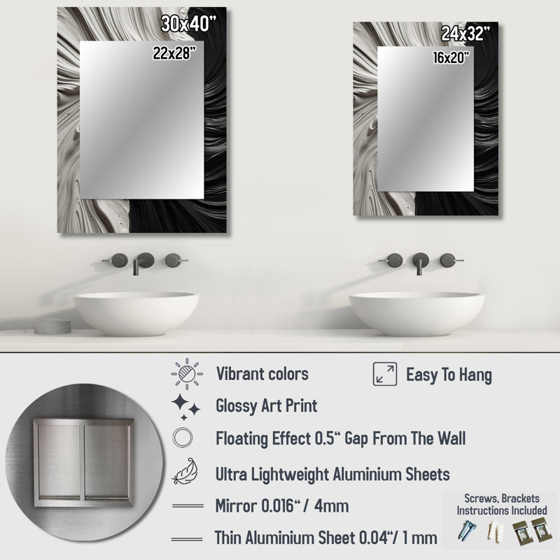 Black White Marbled Dreamscape I - Geometric Unique Mirror, Black Large Wall Mirror, Printed Metal Art, 32" x 24"