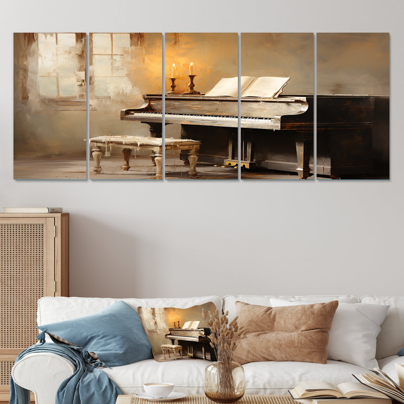 Rustic Brown Piano Melody II - Music Piano, art mural 5 pièces, H 32 po x l 80 po