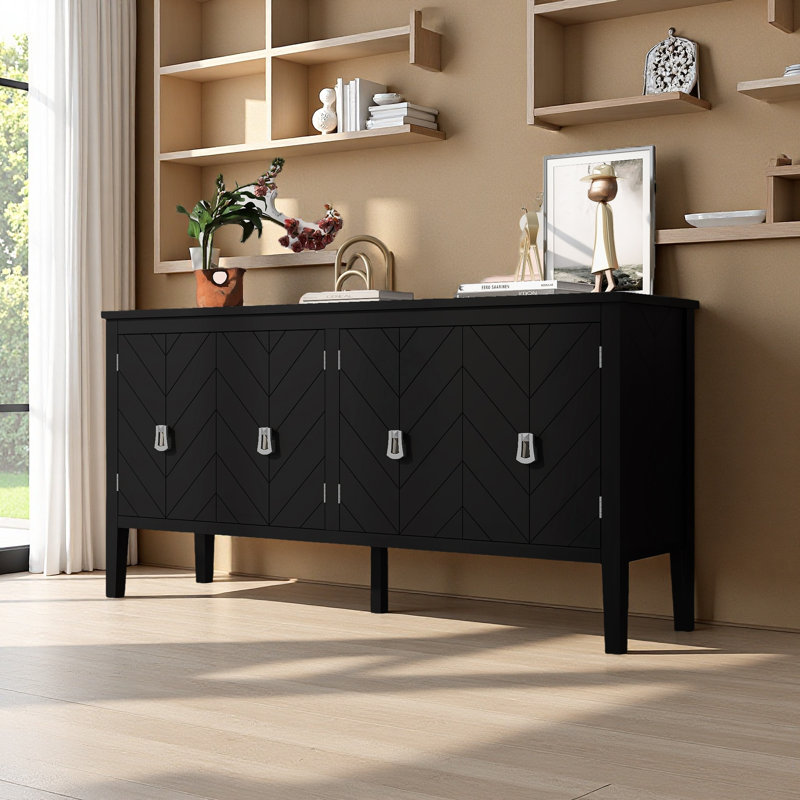 U_STYLE  Four-Door Sideboard with Geometric Line Patterns and Vintage Metal Handles for Timeless Elegance,Suitable for Living Rooms, Entrance and Study Rooms
