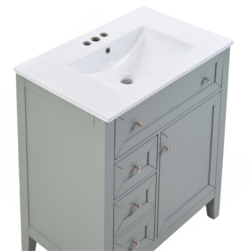 Meuble-lavabo en bois massif avec lavabo encastré en céramique - Glissières de tiroir à fermeture en douceur 12 po, bac rabattable + tiroir simple + tiroir de rangement, tablette réglable