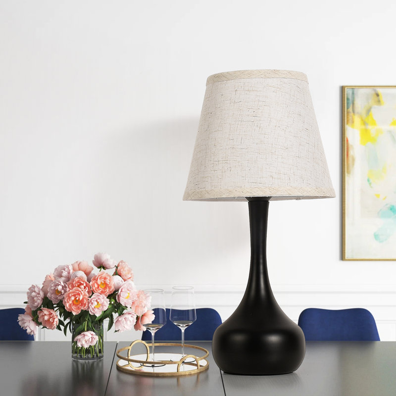 17" Tall Elegant Black Teardrop Table Lamp With Beige Fabric Shade, 2 Led Bulbs Included, Black