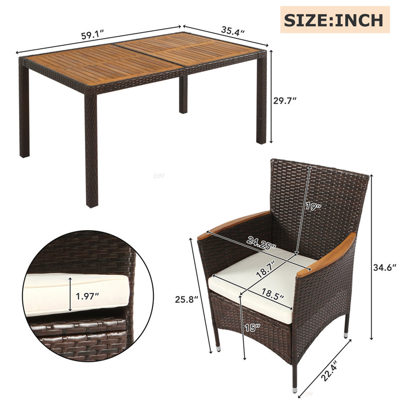 Ensemble de salle à manger d'extérieur 7 pièces, ensemble de table et chaises de jardin en osier de rotin PE, plateau de table en bois d'acacia, chaises avec accoudoirs empilables avec coussins (ensemble de salle à manger)