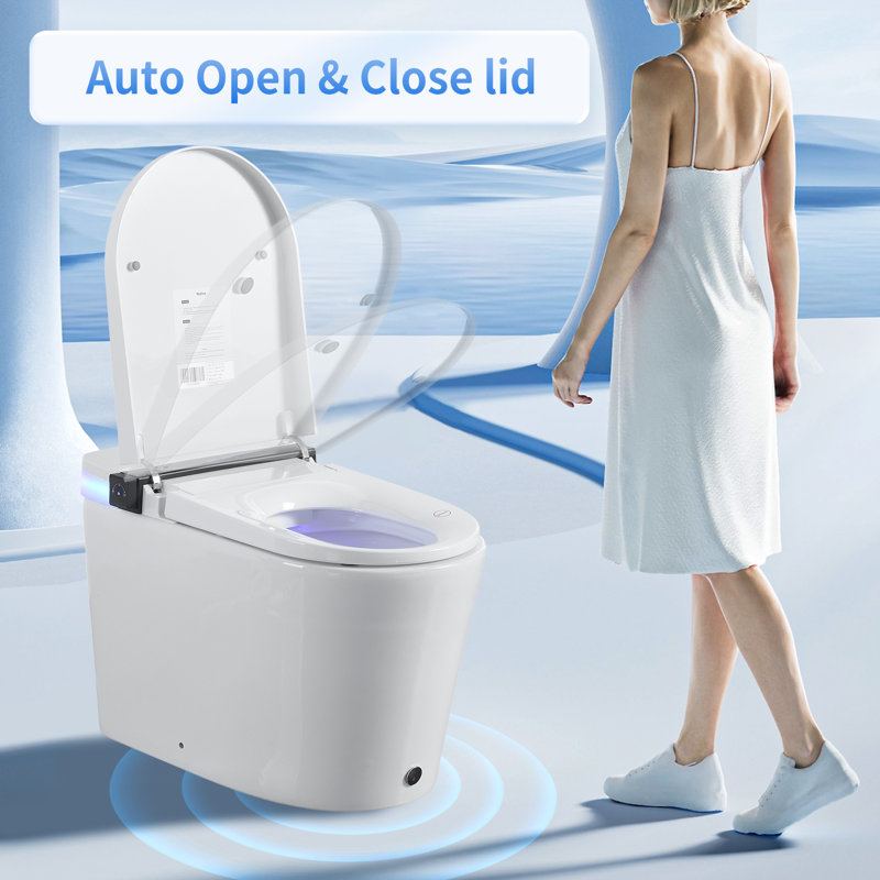 Toilette intelligente avec siège de bidet intégré, siège à ouverture / fermeture automatique, capteur de pied, affichage à DEL, veilleuse, eau chaude et sécheuse, lampe rotative, poignée latérale avec commande multiple