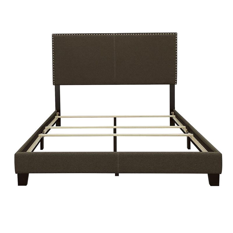 Grand lit transitionnel gris anthracite, pieds en bois massif noir, garniture cloutée décorative pour grand lit, gris anthracite, métal élégant