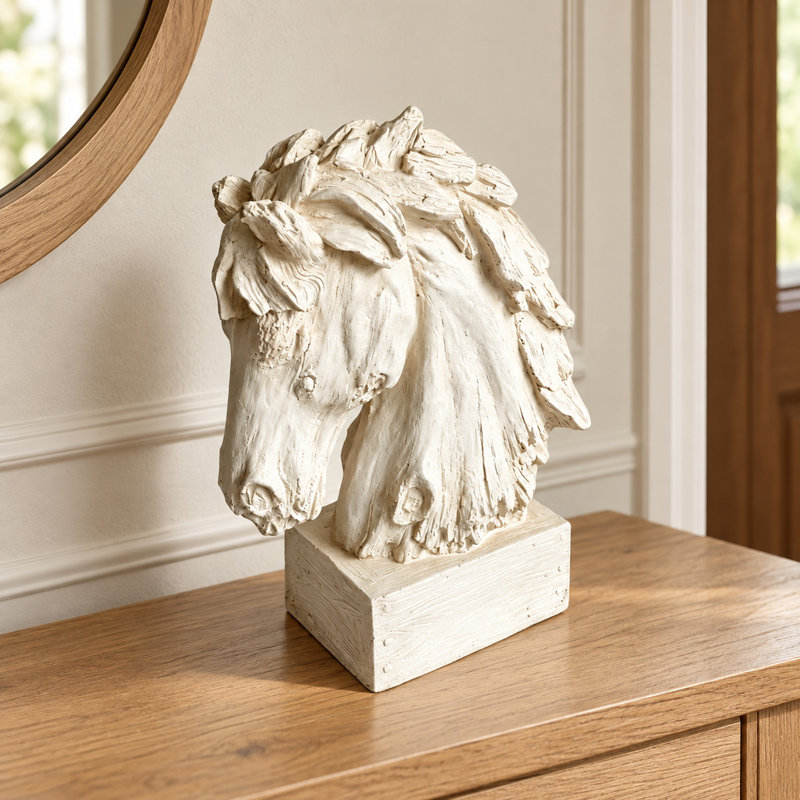 Sculpture tête de cheval noir avec base carrée, Crème